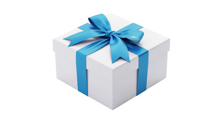 Isolated white present box with light blue satin ribbon and bow for Christmas gift