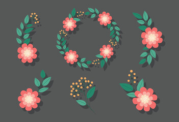 Floral decorative elements with pink flowers on dark background	
