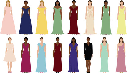 Women’s formal dress illustration, diverse fashion styles in colorful gowns, elegant evening wear, stylish clothing design, modern fashion vector collection