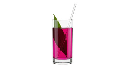 Isolated pink cocktail, clear glass, green leaf, long straw; refreshment for party