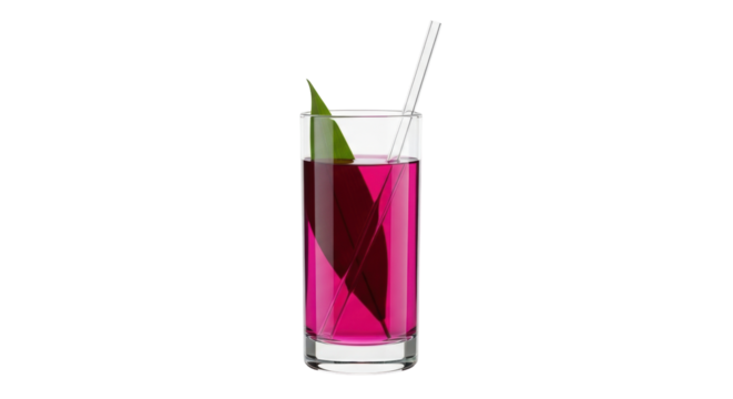 Isolated pink cocktail, clear glass, green leaf, long straw; refreshment for party