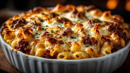 Ultimate comfort food photograph of a delicious, homemade baked pasta casserole. The dish has a hearty meat sauce and a perfectly melted, bubbly golden-brown cheese topping.