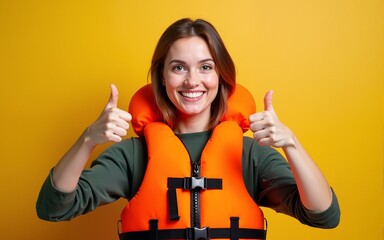 Empowered woman in a vibrant orange life jacket, giving two thumbs up, perfect for outdoor safety and adventure promotions. High quality