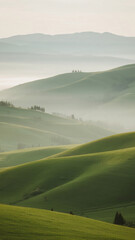 Rolling pastel green hills blending into a light sky, soft mist at the horizon, tranquil and simple