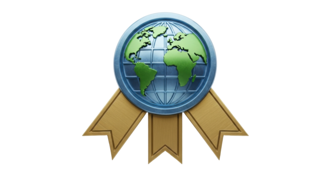 Isolated symbol design of an earth globe award rosette for worldwide recognition
