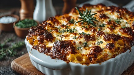 Ultimate comfort food photograph of a delicious, homemade baked pasta casserole. The dish has a hearty meat sauce and a perfectly melted, bubbly golden-brown cheese topping.
