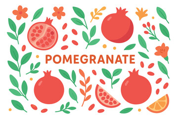 Colorful pomegranate pattern with floral elements and leaves