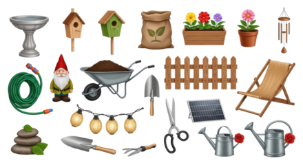 Isolated Gardening items collection of accessories and decoration, outdoor living tools