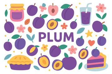Colorful plum-themed pattern with fruits, jam, and pie illustration