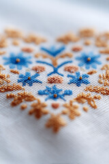 Fototapeta premium Detailed closeup showcasing exquisite handmade crossstitch embroidery on white fabric. Features blue floral golden leaf patterns. Perfect for crafts, traditions, and culture themes.