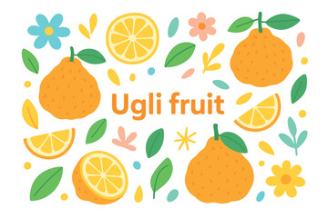 Colorful ugli fruit pattern with citrus slices and floral elements