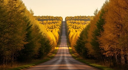 Scenic straight road disappearing into the horizon, flanked by vibrant golden and yellow autumn trees, creating a beautiful natural tunnel effect.