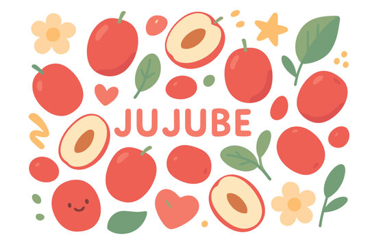 Jujube fruit pattern: colorful cartoon red jujube design with leaves and flowers