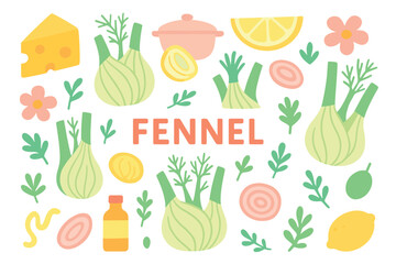 Colorful fennel pattern with herbs, vegetables, and citrus elements