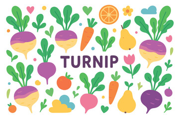Colorful turnip and vegetable pattern with fruits and floral elements