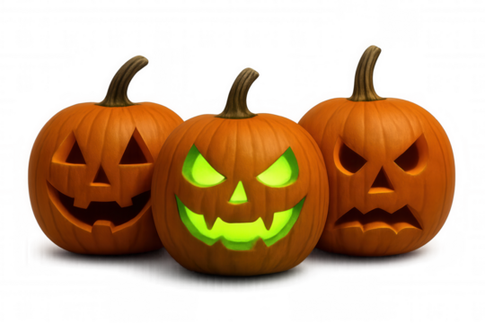 Halloween carved pumpkins with various emotions, glowing jack-o'-lantern creating spooky festive atmosphere, transparent background