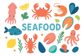 Colorful seafood variety featuring crab, shrimp, lobster, and fish