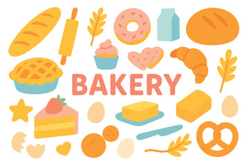 Colorful bakery elements: bread, pastries, desserts, and baking ingredients