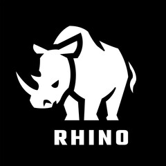 Rhinoceros silhouette logo on dark background.
