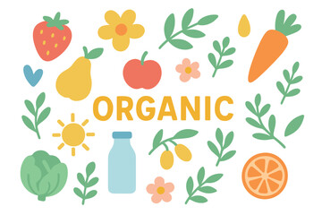 Colorful organic food icons featuring fruits, vegetables, and nature elements