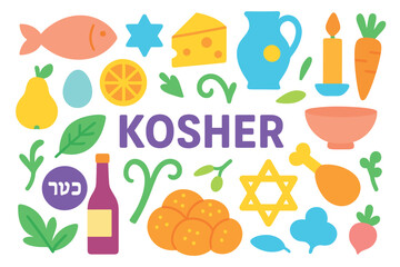 Colorful kosher food elements and symbols on white background