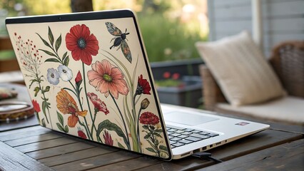 Laptop Display Cream Background Vintage Botanical Floral Print Red Pink Orange Flowers Insect screen