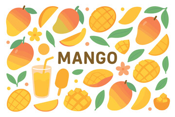 Colorful mango collection: slices, leaves, and juice surrounding bold text