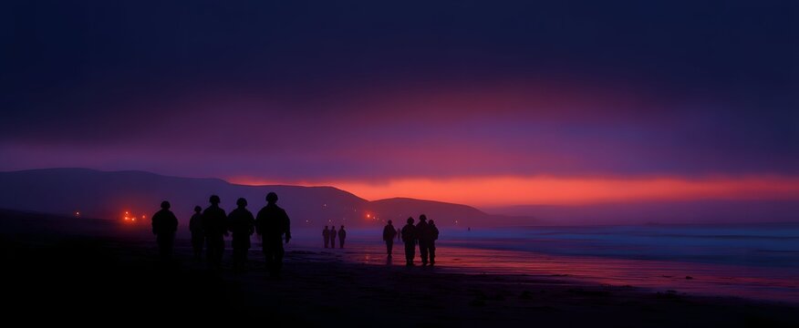 The marines ready for an intense coastal training exercise at early dawn.