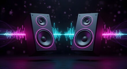 Creative 3D speakers with colorful sound wave and glowing neon lights
