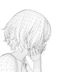 A distressed girl with glasses rests her head in her hands, depicted in a black and white wireframe drawing that conveys deep sadness and despair.