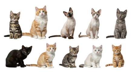 Isolated kittens various breeds adorable playful pets seated looking at camera cut-out