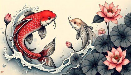 Stylized illustration of a pair of red and gray Koi fish swimming in water with pink Lotus flowers and black leaves. Represents yin-yang, harmony, prosperity, and good luck