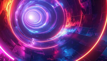 A vibrant, neon-lit tunnel with concentric circles and textured, multicolored panels radiates an otherworldly glow.