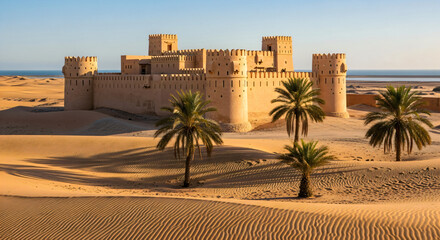 A historic sand-colored fort in a desert with palm trees and sand dunes.