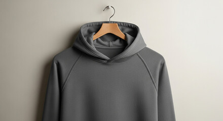 A plain grey hoodie is hanging on a wooden hanger against a neutral wall, showcasing its simple design and texture