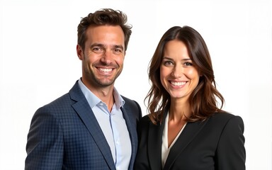 Two confident business man and woman standing side-by-side, smiling and looking at the camera, isolated on white or transparent background. High quality