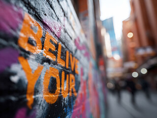 Urban art with a message, Believe Your... on a brick wall in a vibrant city alley. Inspiring, textured, and perfect for motivational or creative concepts.