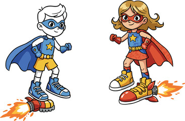 Cartoon superhero children with rocket shoes, kids with capes, flying action, adventure, colorful illustration, childhood heroes, comic style, imagination, power
