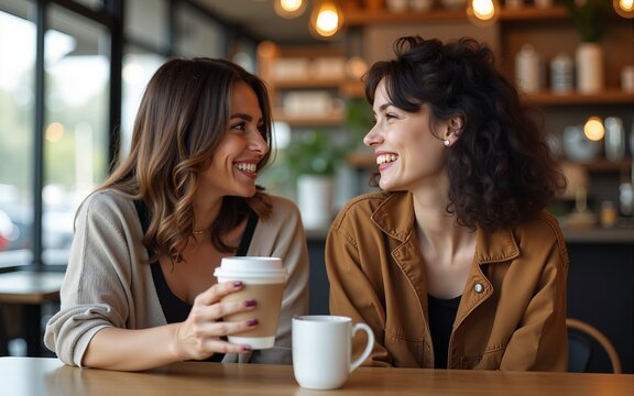 Two female friends talking and having fun at a coffee shop. High quality