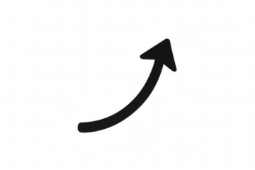 Black curved arrow icon pointing up, symbolizing growth, increase, progress, and success on transparent background