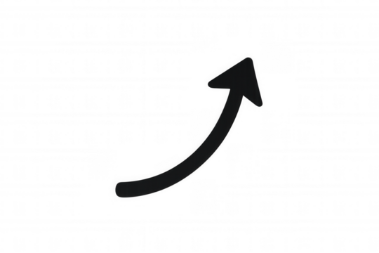 Black curved arrow icon pointing up, symbolizing growth, increase, progress, and success on transparent background