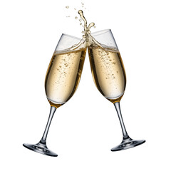 Two champagne glasses clinking together with splashing liquid