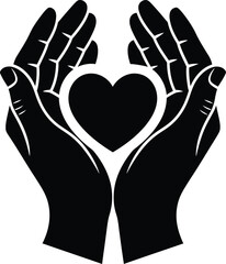 Black Silhouette of Cupped Hands Holding a Heart Shape on White Background love care
