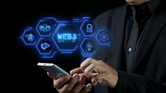 Businessman using smartphone to operate Web3 icon connected to a futuristic website development graphic. Represents blockchain technology, decentralized network and modern internet development.