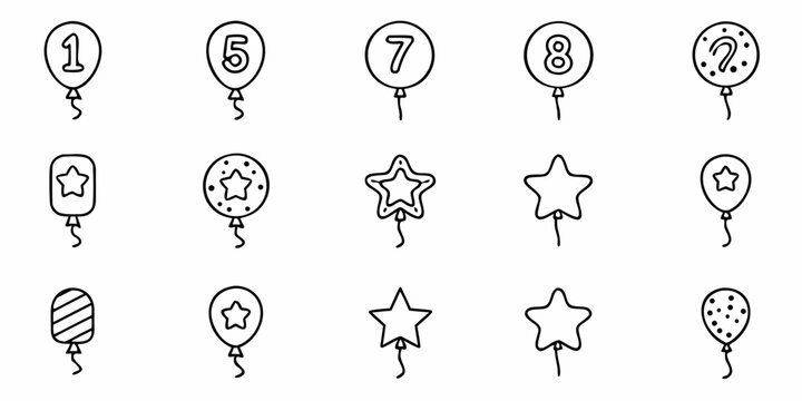 Charming hand drawn doodle balloons featuring numbers and stars bring a playful, festive touch perfect for birthdays, celebrations, and fun event designs