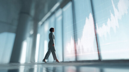 Businesswoman analyzing financial data on a large screen. Conceptual shot for finance, investment, growth, and strategy. Modern, clean, professional image.