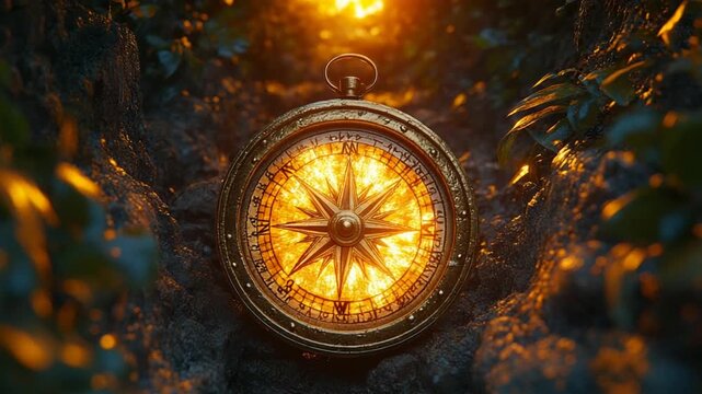 Mysterious Glowing Compass in Enchanted Forest.