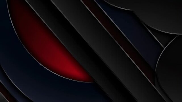Abstract layered design with deep blacks, dark blues, and a crimson accent