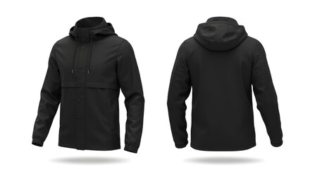 Black hoodie jacket front and back view isolated on white background mockup
