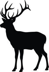 Detailed Black Silhouette of a Red Deer Stag with Extensive Antlers on White Background
